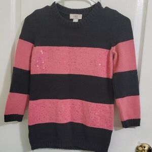 LOFT Elegant Pink and Black Striped Sequinned Cotton Knit Sweater XS